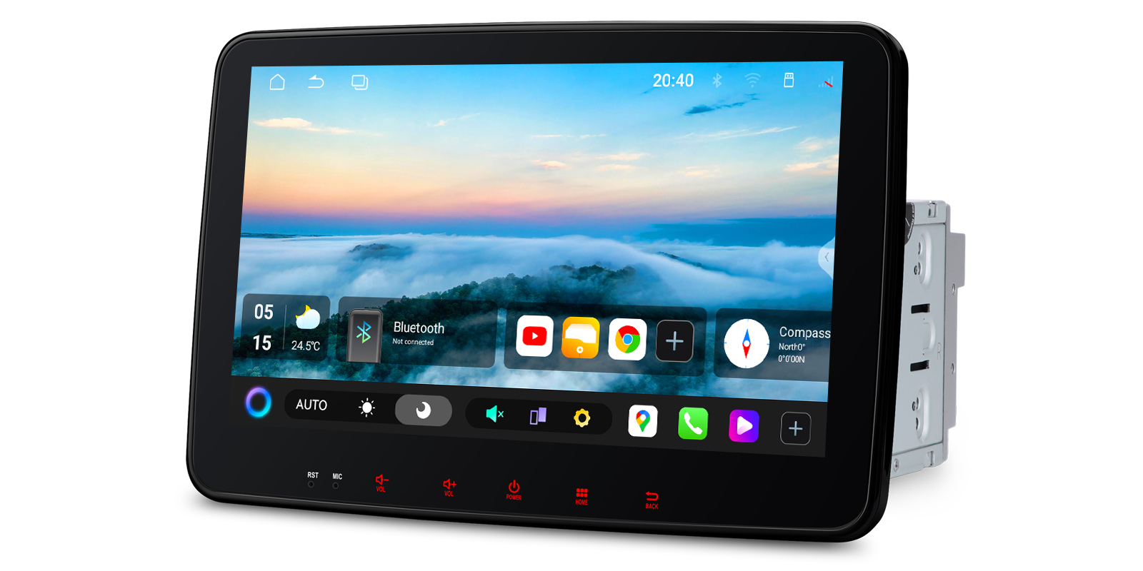 Angled view of the XTRONS TUAH122L Android 15 scenic home screen.