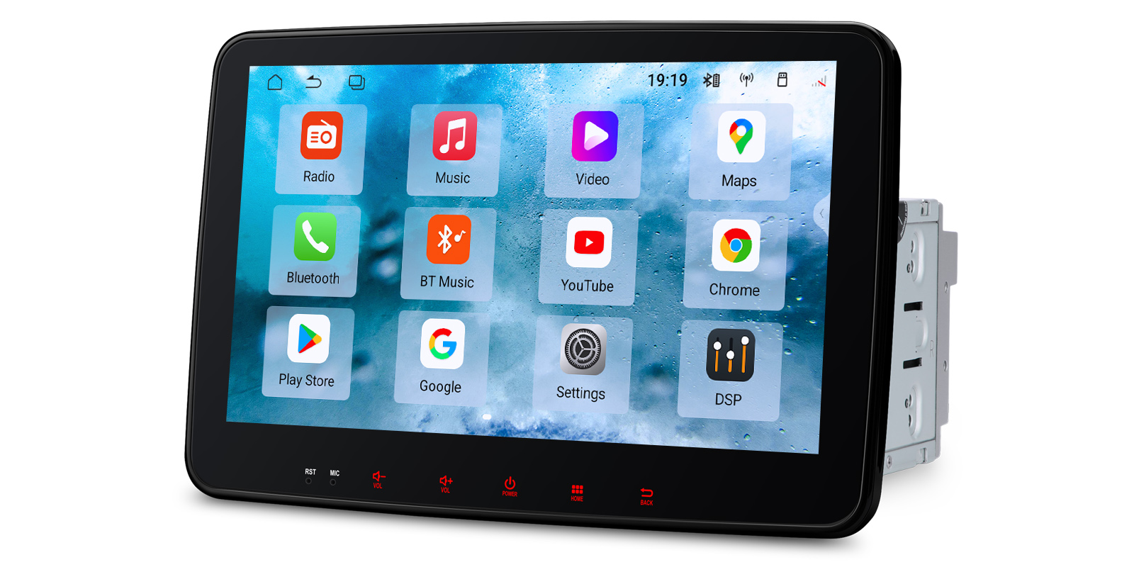 Front angled view of the XTRONS TUAH122L Android car stereo app menu.