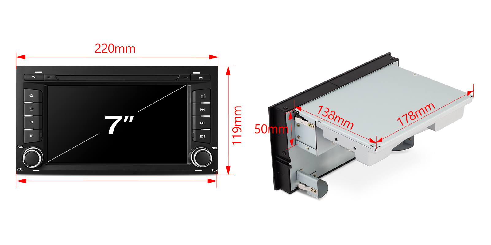 XTRONS UA75LESL dimensions showing face panel and installation measurements.