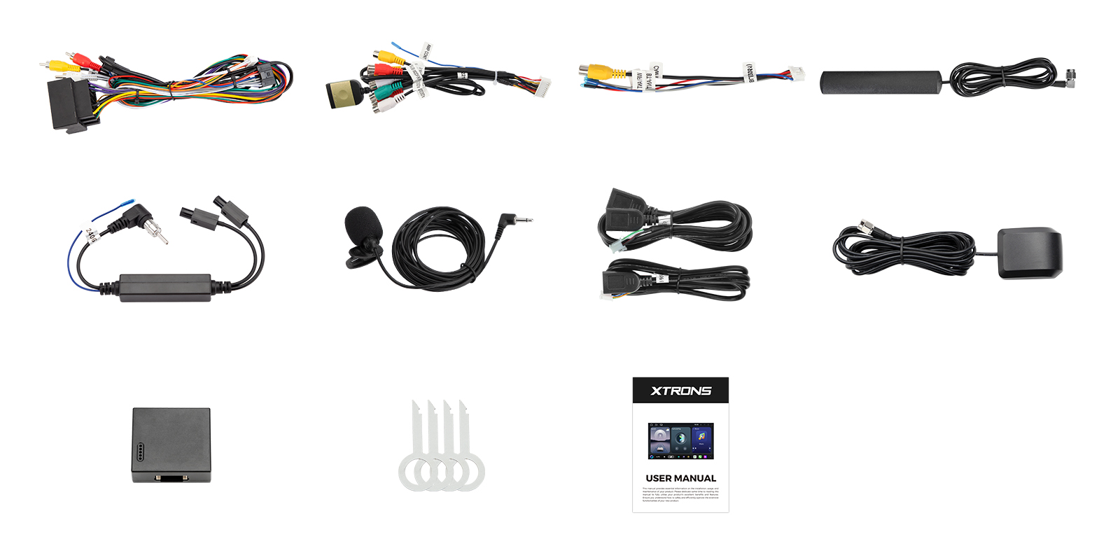 Included XTRONS UA75LESL wiring harnesses, antennas, microphone and accessories.