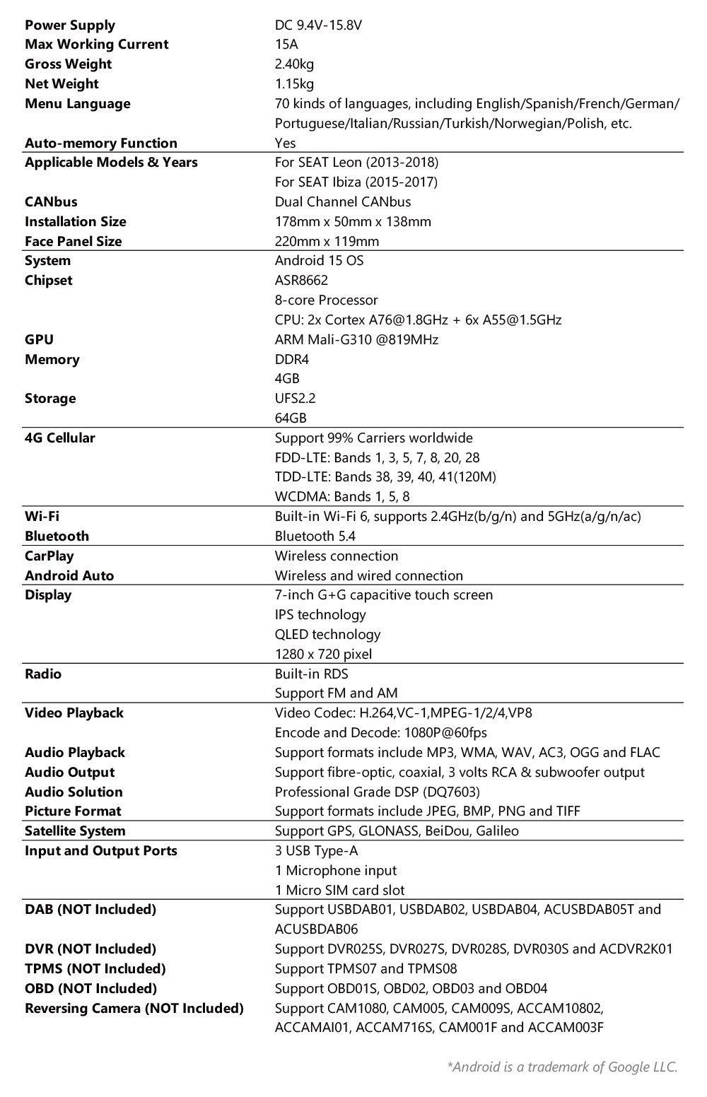 Technical specifications for the XTRONS UA75LESL Android 15 car stereo.