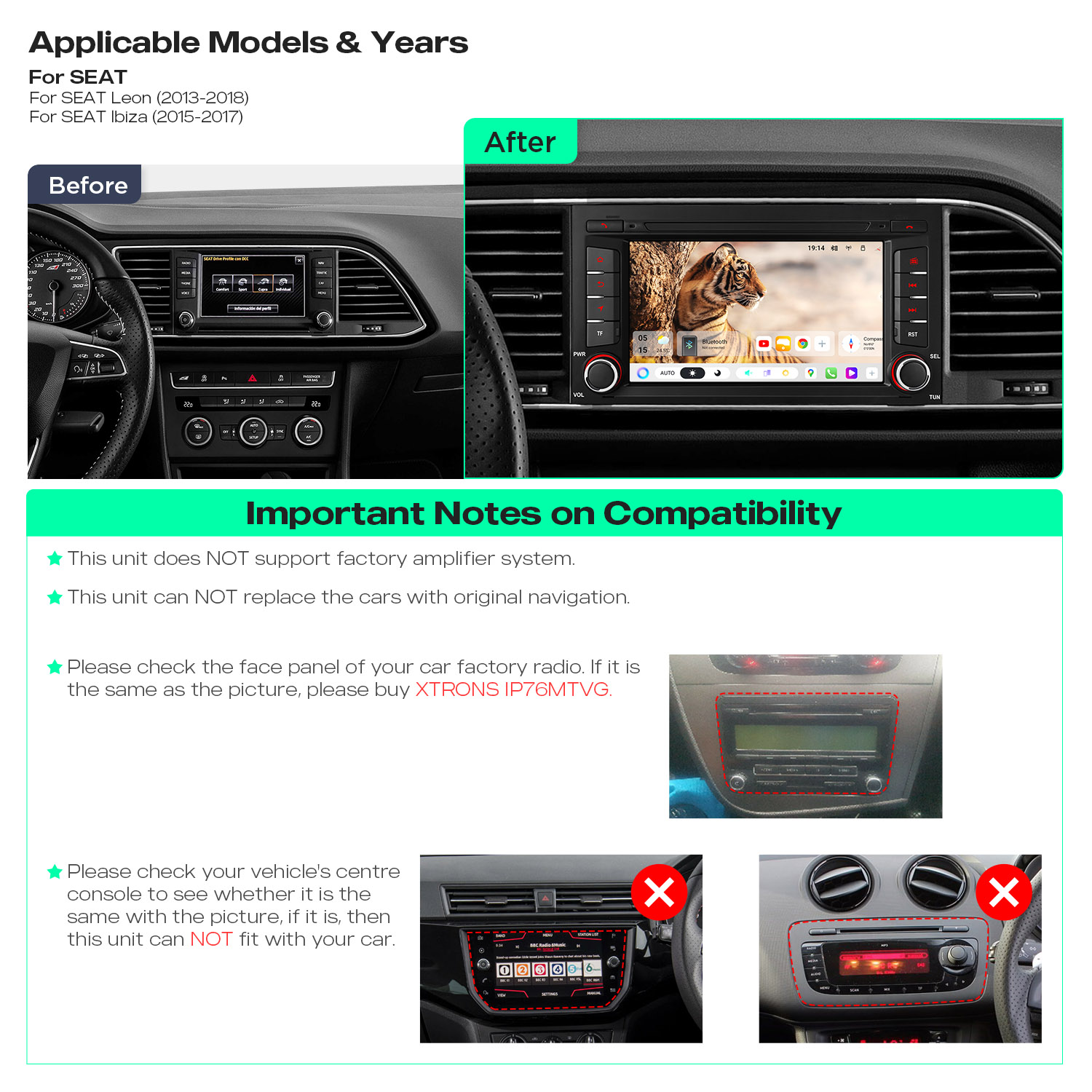 XTRONS UA75LESL compatibility guide for SEAT Leon and SEAT Ibiza.