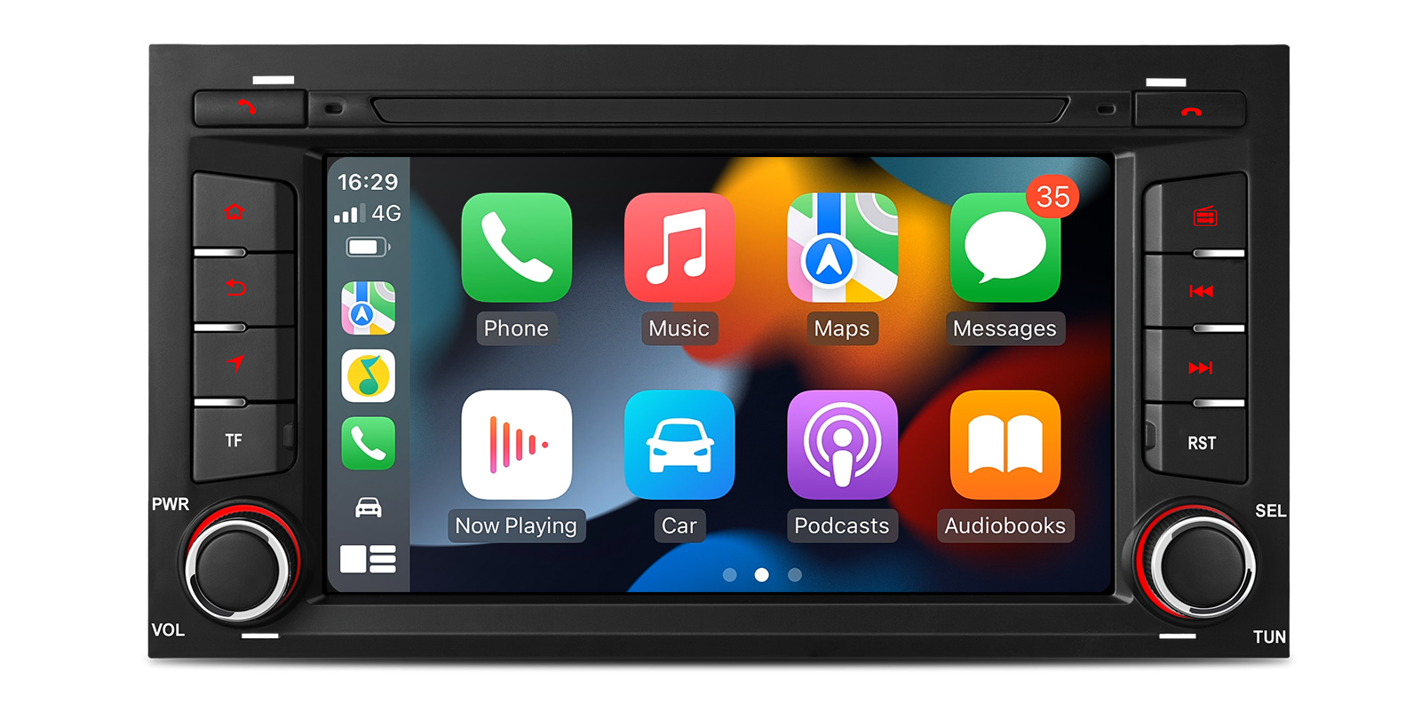 XTRONS UA75LESL displaying wireless Apple CarPlay apps and controls.