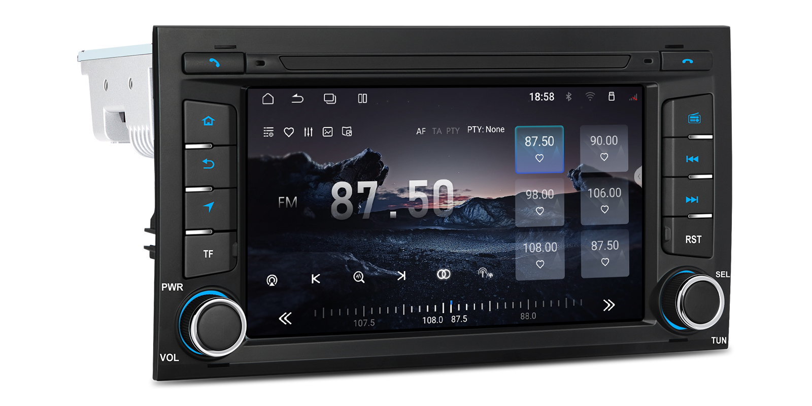 XTRONS UA75LESL displaying its built-in FM and AM radio interface.