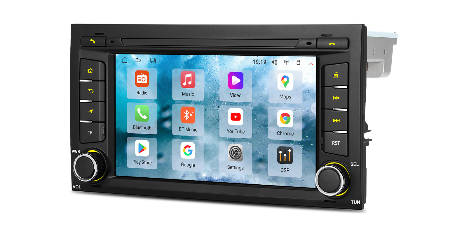 XTRONS UA75LESL Android app menu with navigation and entertainment apps.