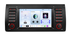 Front view of XTRONS Android car stereo for BMW X5 E53 with illuminated buttons.