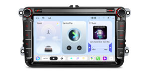 XTRONS UAH85MTVL 8-inch Android car stereo displaying a light-themed home interface with driving, CarAutoPlay and music widgets.