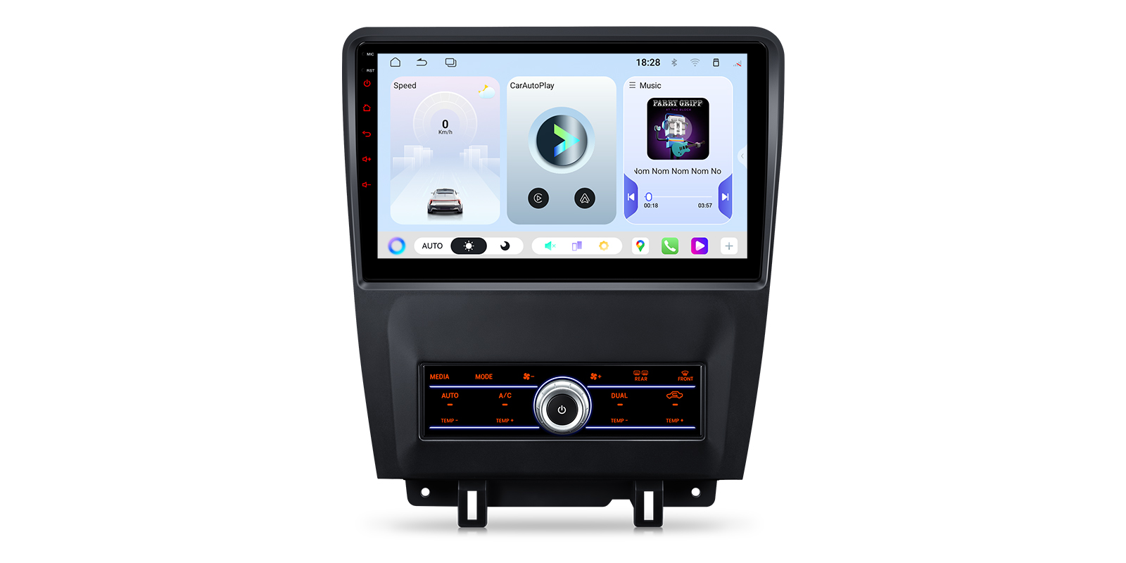 Android 15 car stereo with touchscreen climate controls for Ford Mustang