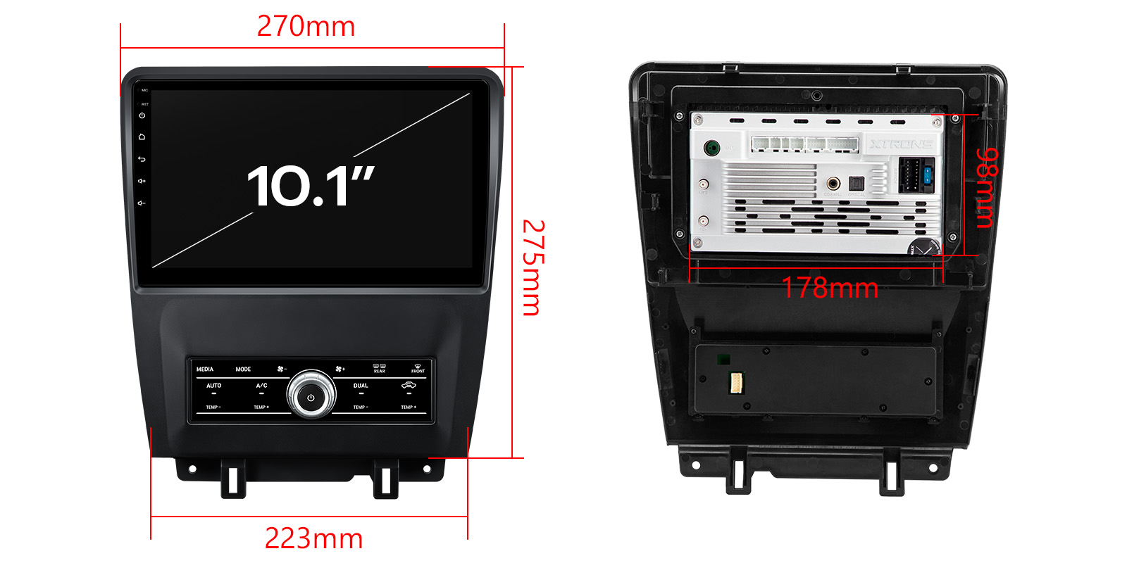 Front and rear dimensions of the Ford Mustang touchscreen stereo