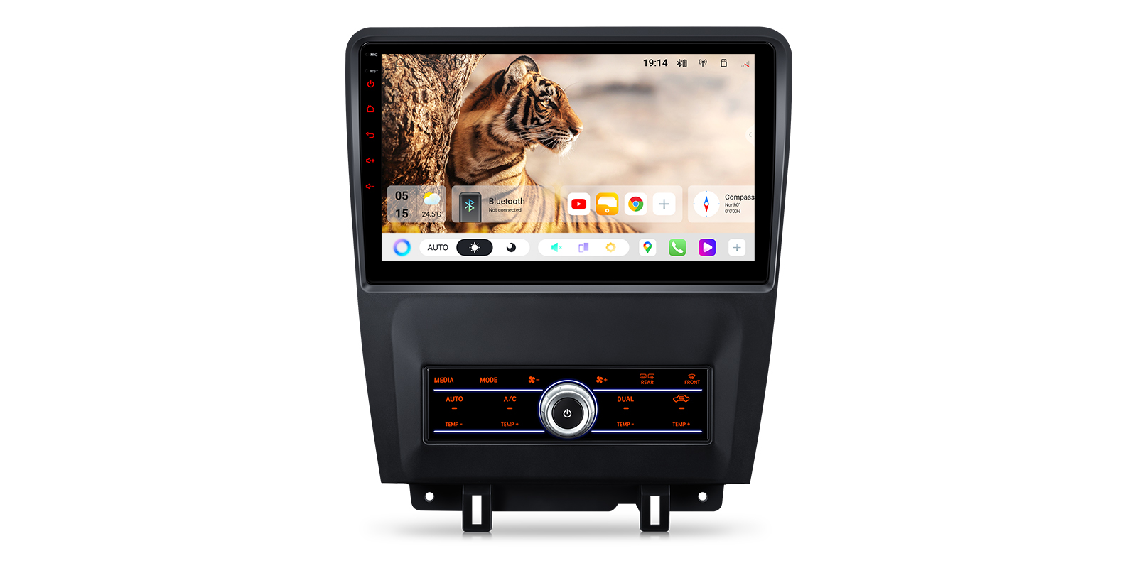 Front view of XTRONS touchscreen stereo designed for Ford Mustang