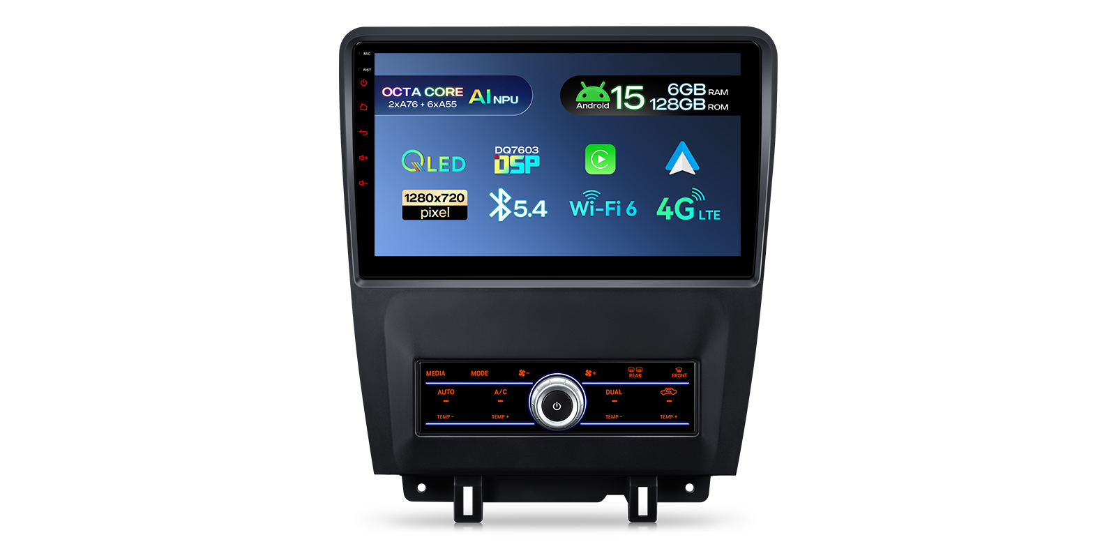 Android 15 stereo featuring octa-core processor, QLED display and 4G