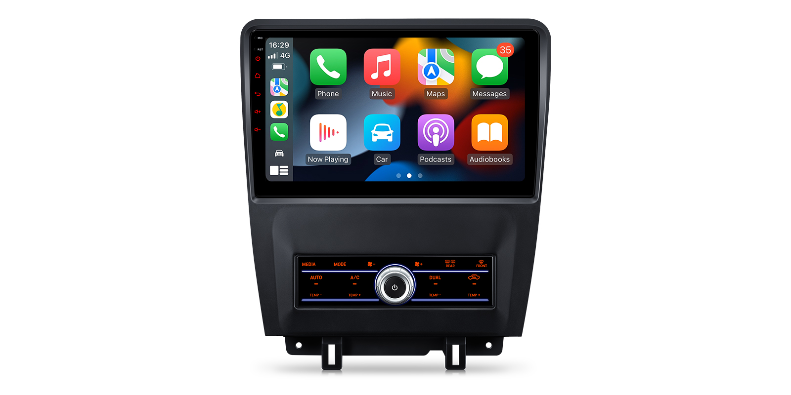 Ford Mustang car stereo displaying the wireless Apple CarPlay interface