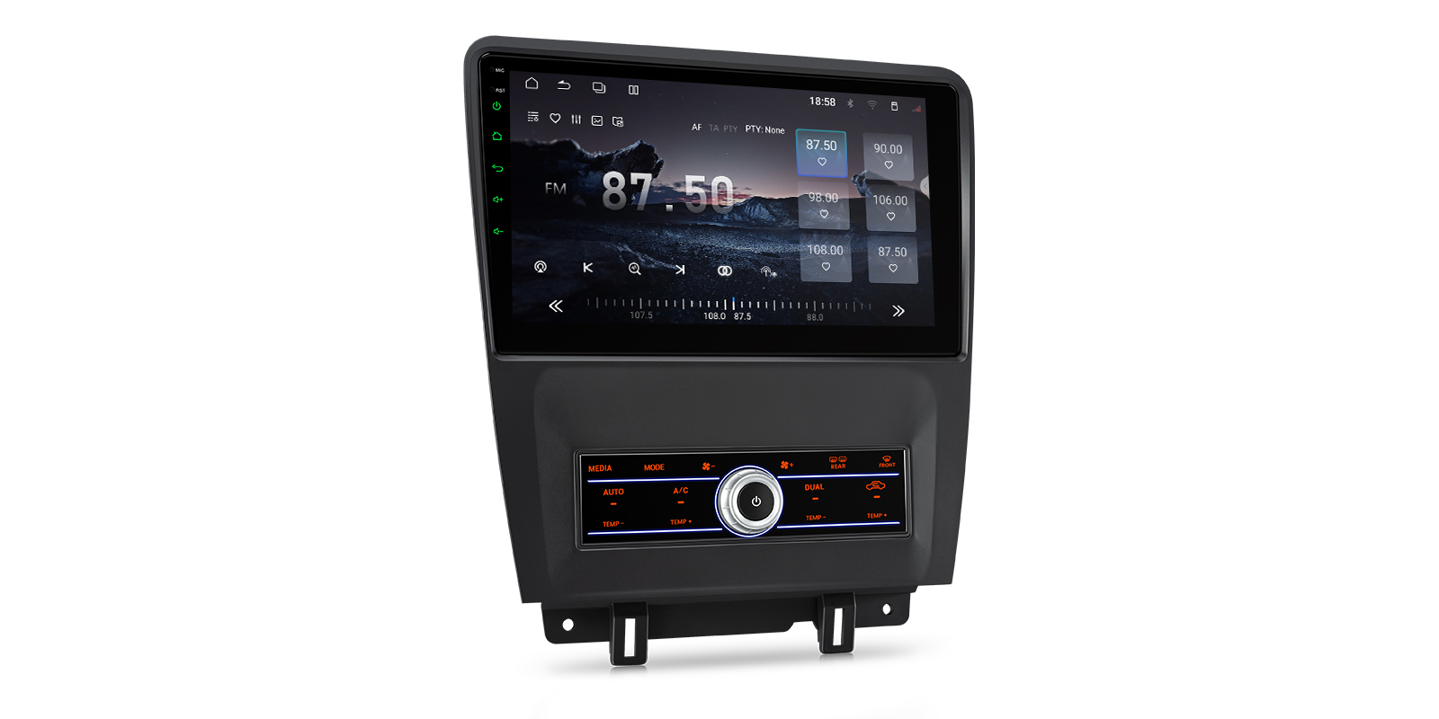 Ford Mustang Android stereo displaying the built-in FM radio interface