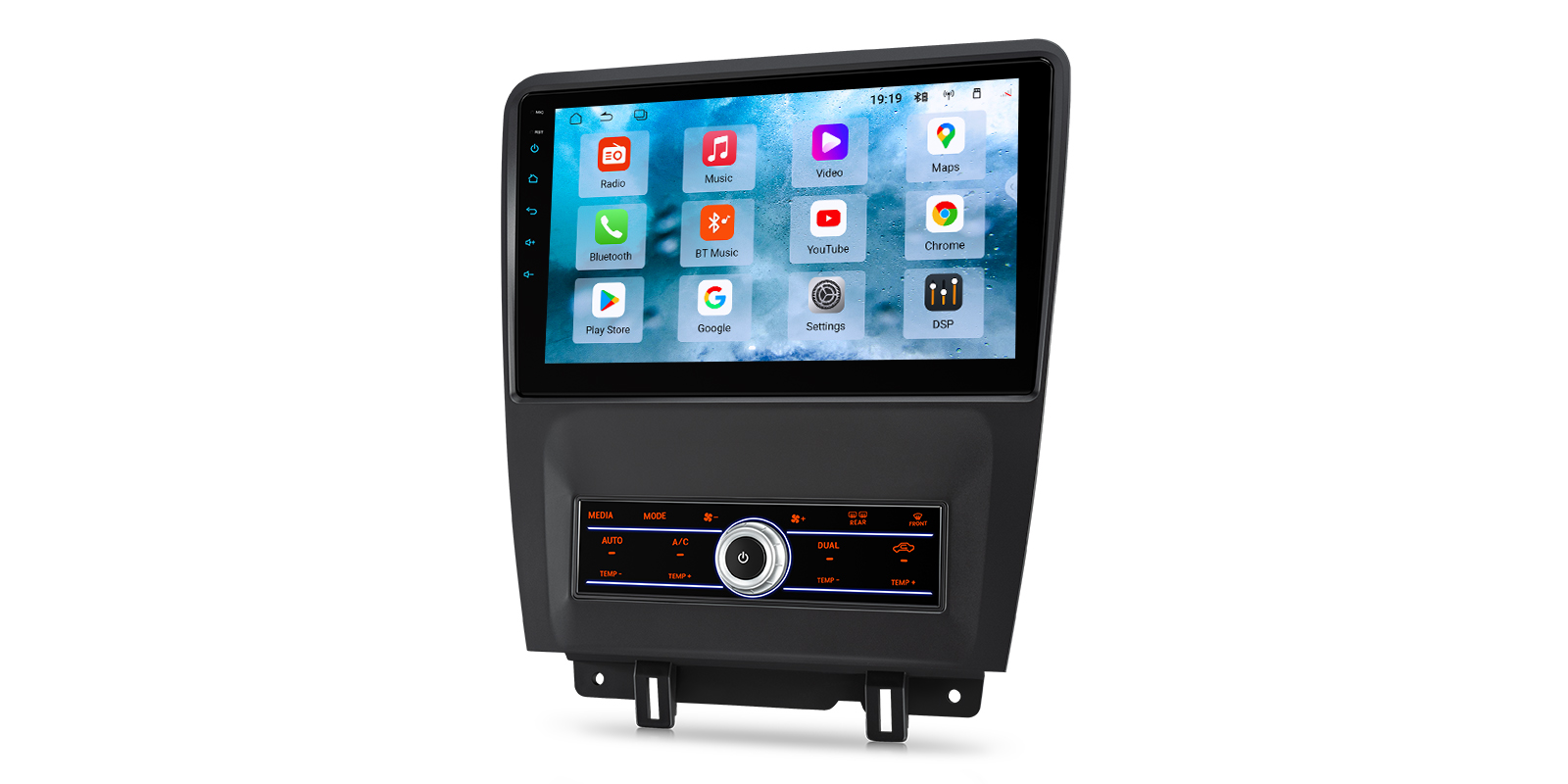 Android car stereo displaying apps, Google Play, YouTube and navigation